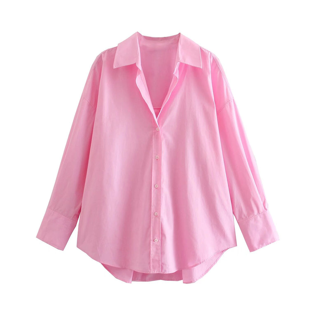 Damen nan oversized Longbluse mit Kentkragen, durchgehender Knopfleiste und abgerundetem Saum Drune