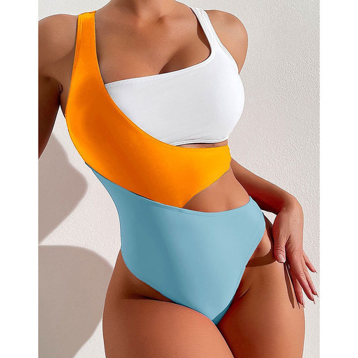 Damen Einteiler Badeanzug mit asymmetrischem Design und bunten Kontrastflächen Drune