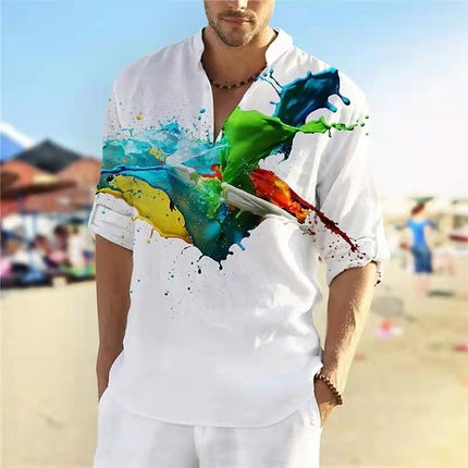 Herren Leinenhemd mit einzigartigem Federdesign und modischem Henley-Ausschnitt Drune