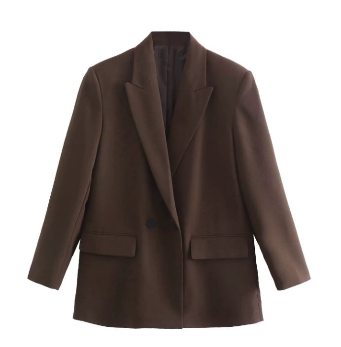Damen 100+ geradliniger Longline Blazer mit Reverskragen, doppelreihiger Optik und Pattentaschen Drune