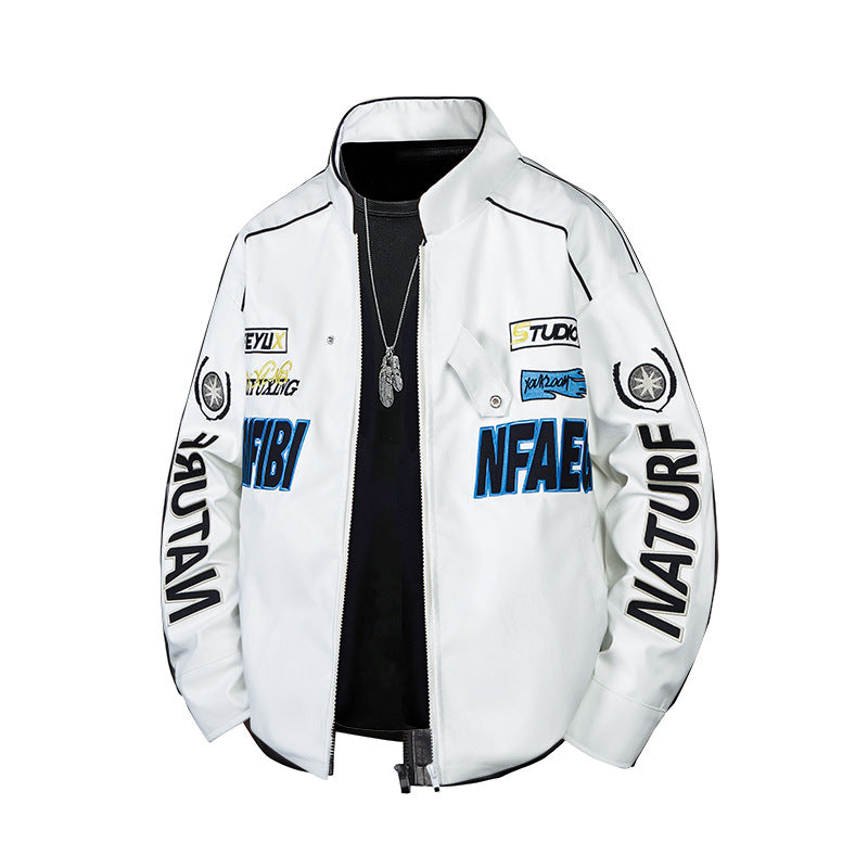 Men's  patch-detail street-style zip-up jacket with stand collar and graphic sleeve prints Drune