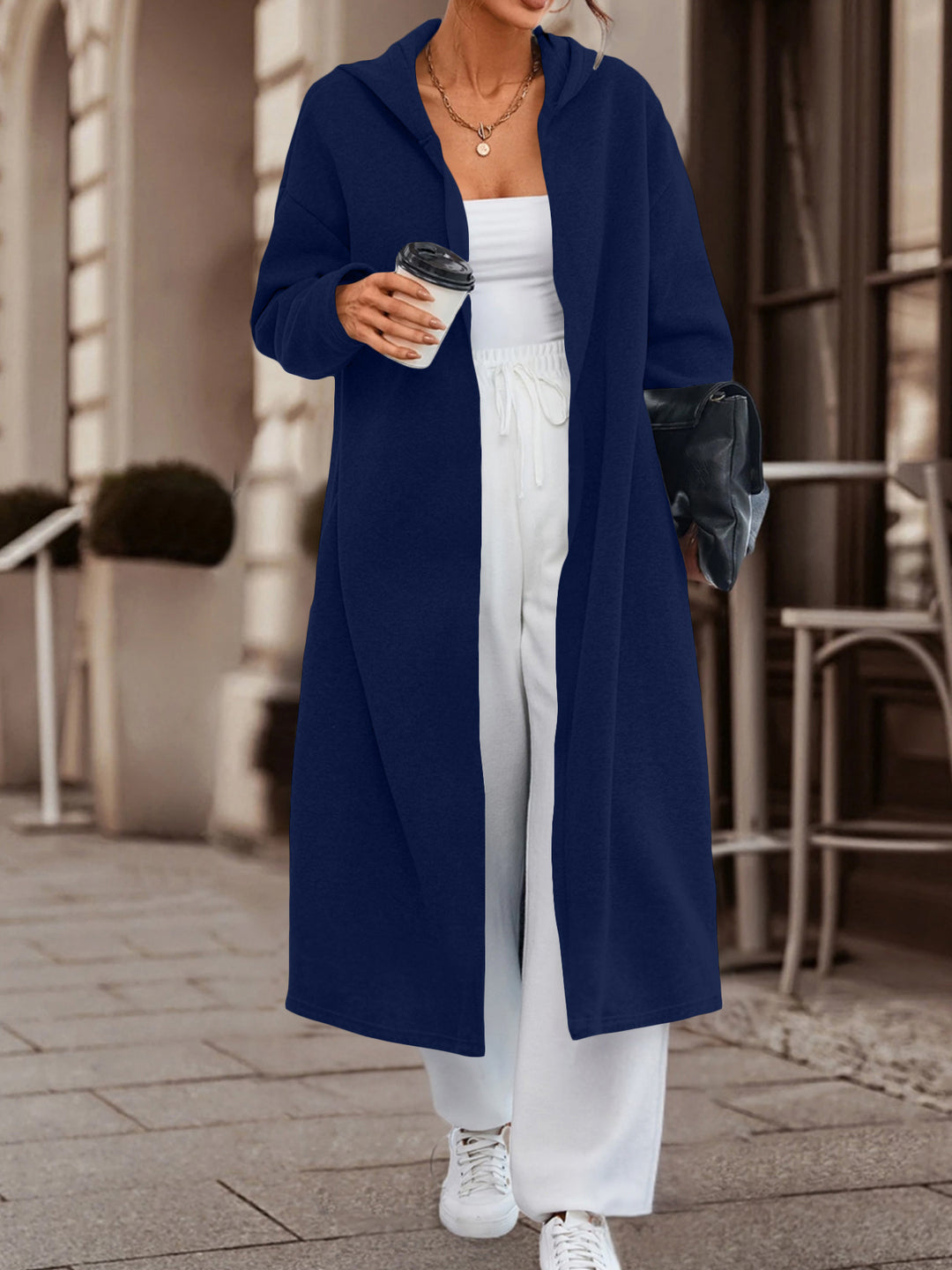 Damen Langer Oversize Kapuzenmantel mit offener Front und weichem Fleece Drune