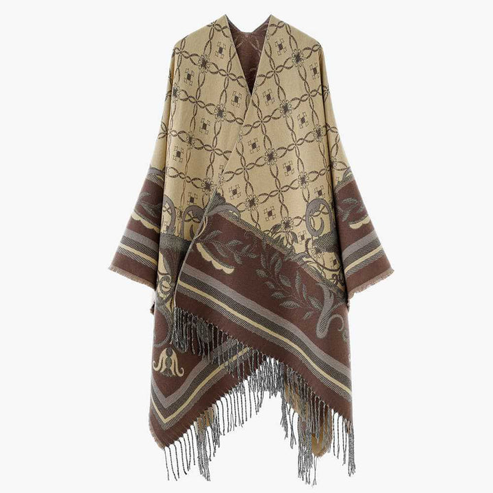 Damen Jacquard-Wendecape mit V-Ausschnitt, floraler Bordüre und Fransensaum Drune