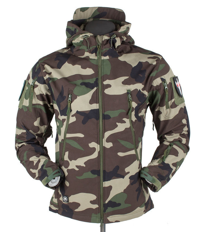 Herren taktische Softshelljacke mit Kapuze, Tarnmuster und ergonomischem Stretchschnitt Drune