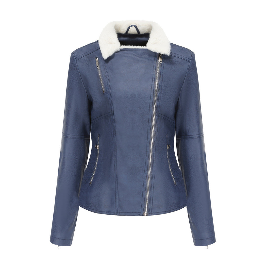 Damen nan taillierte Kunstleder-Bikerjacke mit abnehmbarem Kunstfellkragen und schrägem Reißverschluss Drune