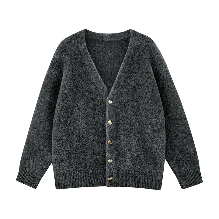 Damen Oversize Teddy-Strickcardigan mit V‑Ausschnitt und Holzknöpfen Drune