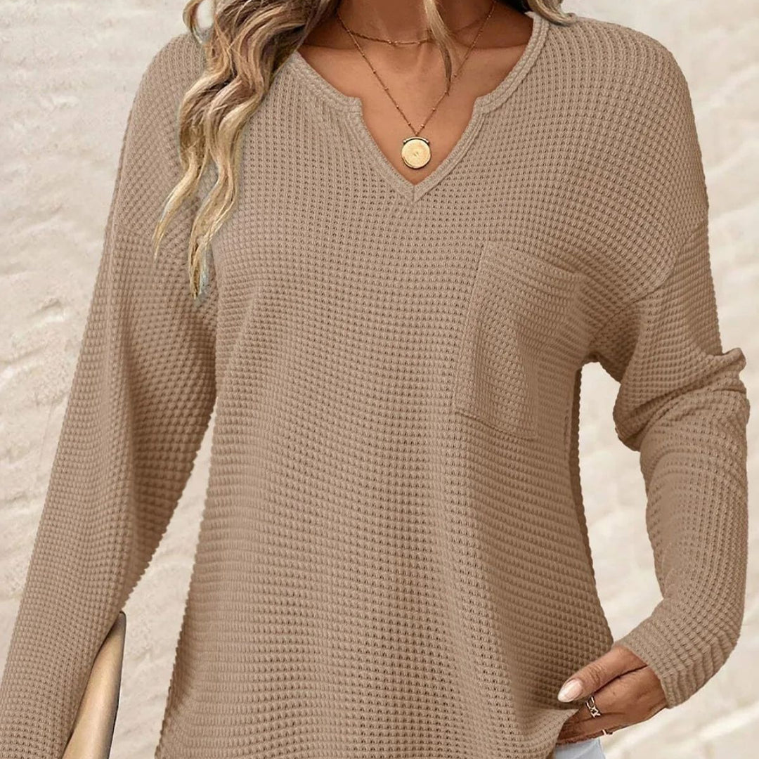 Damen Waffelstrick-Longsleeve mit V-Notch, Brusttasche und legerer Oversize-Passform Drune