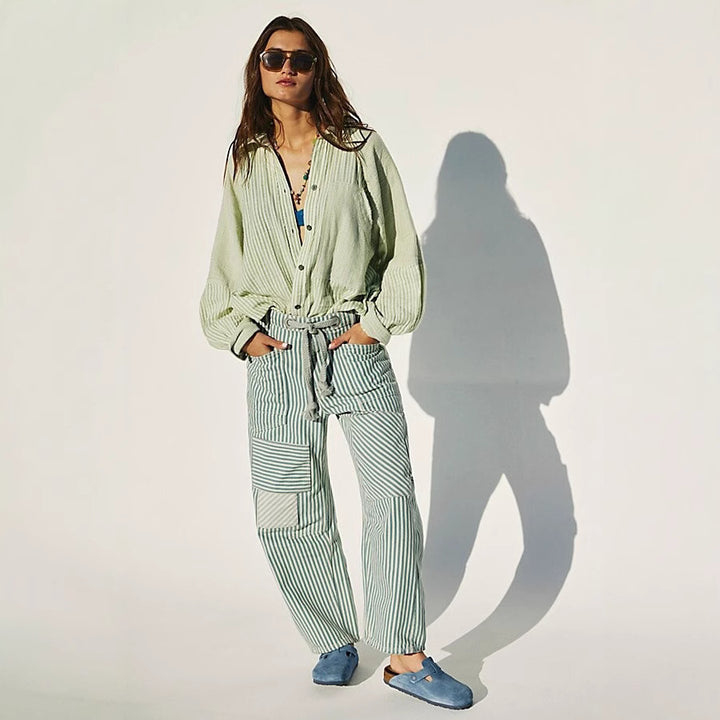 Damen nan lässige gestreifte Leinenhose mit Kordelzug und aufgesetzten Taschen Drune