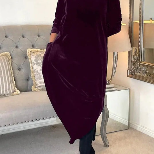 Damen Elegantes Samt Maxi Kleid mit Hohem Rollkragen, Seitentaschen und Lockere Silhouette Drune