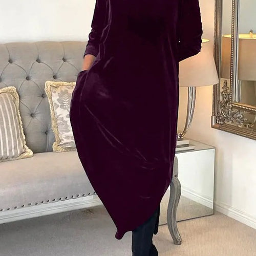 Damen Elegantes Samt Maxi Kleid mit Hohem Rollkragen, Seitentaschen und Lockere Silhouette Drune