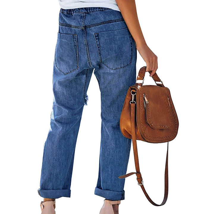 Damen nan lässige Destroyed-Denim-Jogger mit elastischem Kordelbund und aufgesetzten Fronttaschen Drune