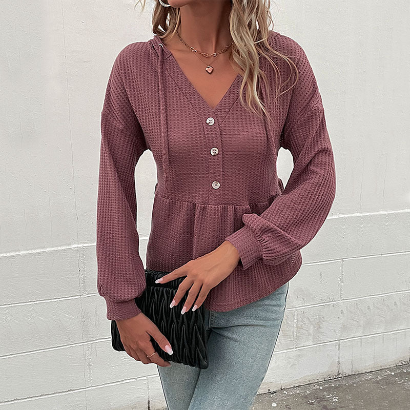 Damen Waffelstrick-Hoodie-Bluse mit V-Ausschnitt, Knopfleiste und geraffter Taillenpasse Drune