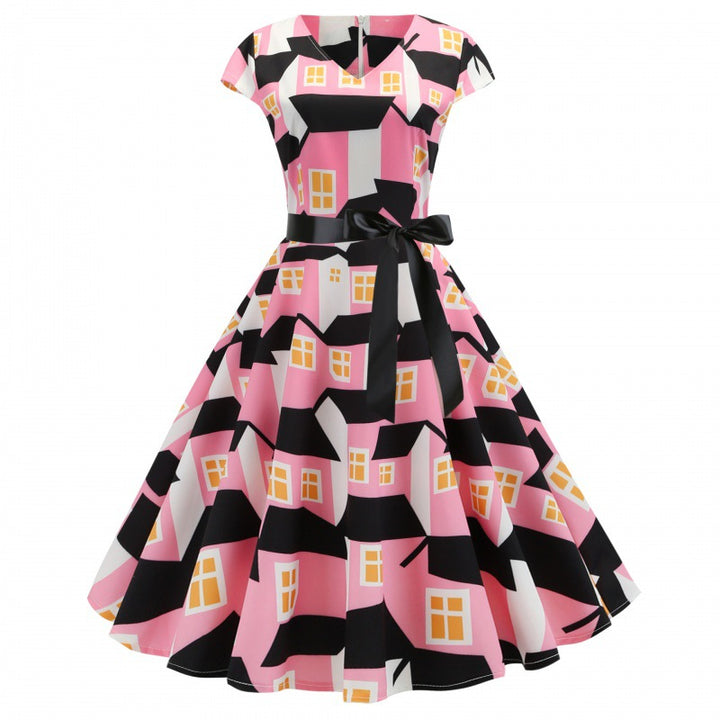 Damen Swingkleid mit Häuserdruck und einem schmalen Taillengürtel Drune
