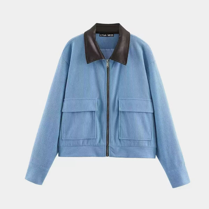 Damen Kurze Cordjacke im Blousonstil mit Lederkragen und aufgesetzten Klappentaschen Drune