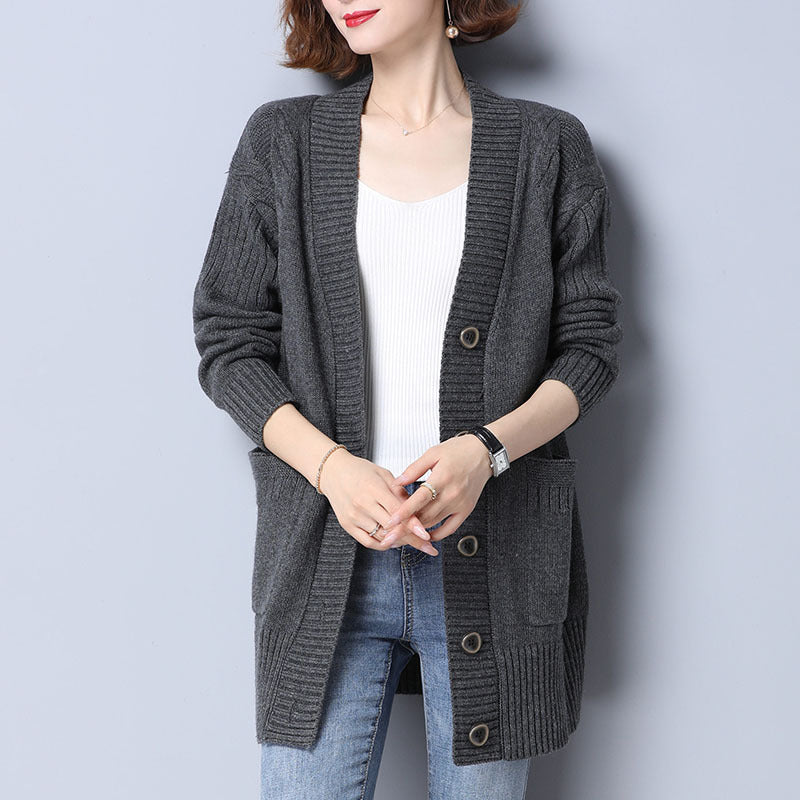 Damen gemütliche Strickjacke mit tiefem Rippenmuster und praktischen Taschen Drune