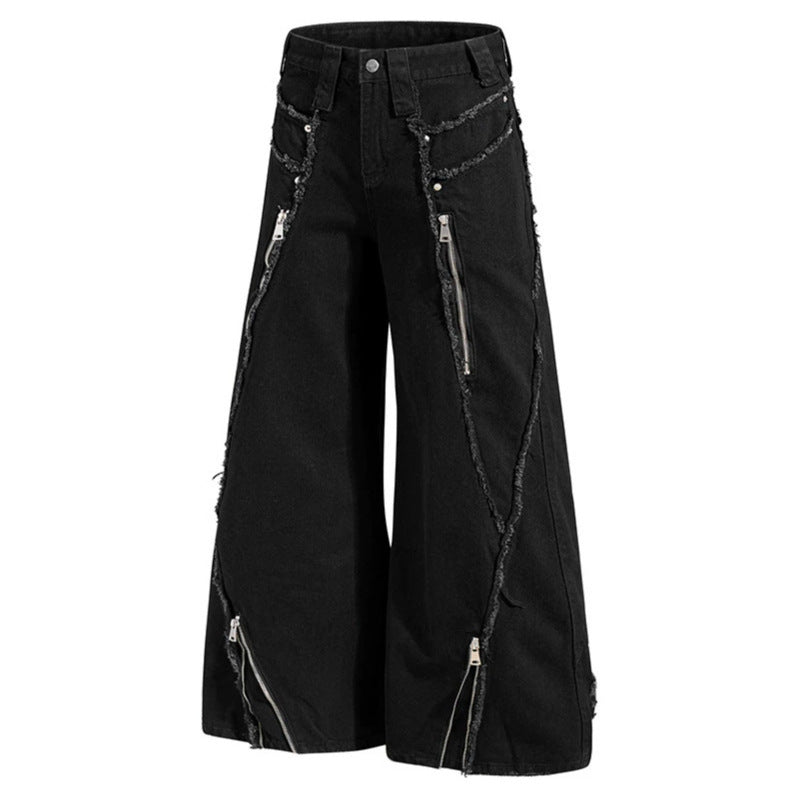 Damen weite Denim-Culotte mit Fransen-Details und Zipper-Akzenten Drune