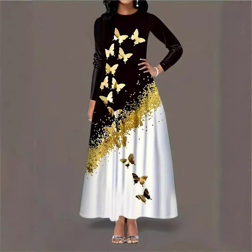Damen Maxikleid mit elegantem Schmetterlingsmuster und funkelndem Goldakzent Drune