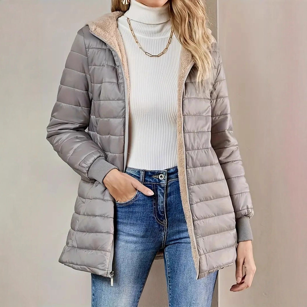 Damen Langer Steppmantel mit Teddyfutter und Kapuze Drune