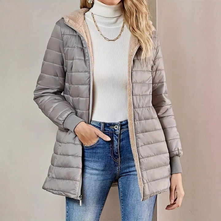 Damen Langer Steppmantel mit Teddyfutter und Kapuze Drune