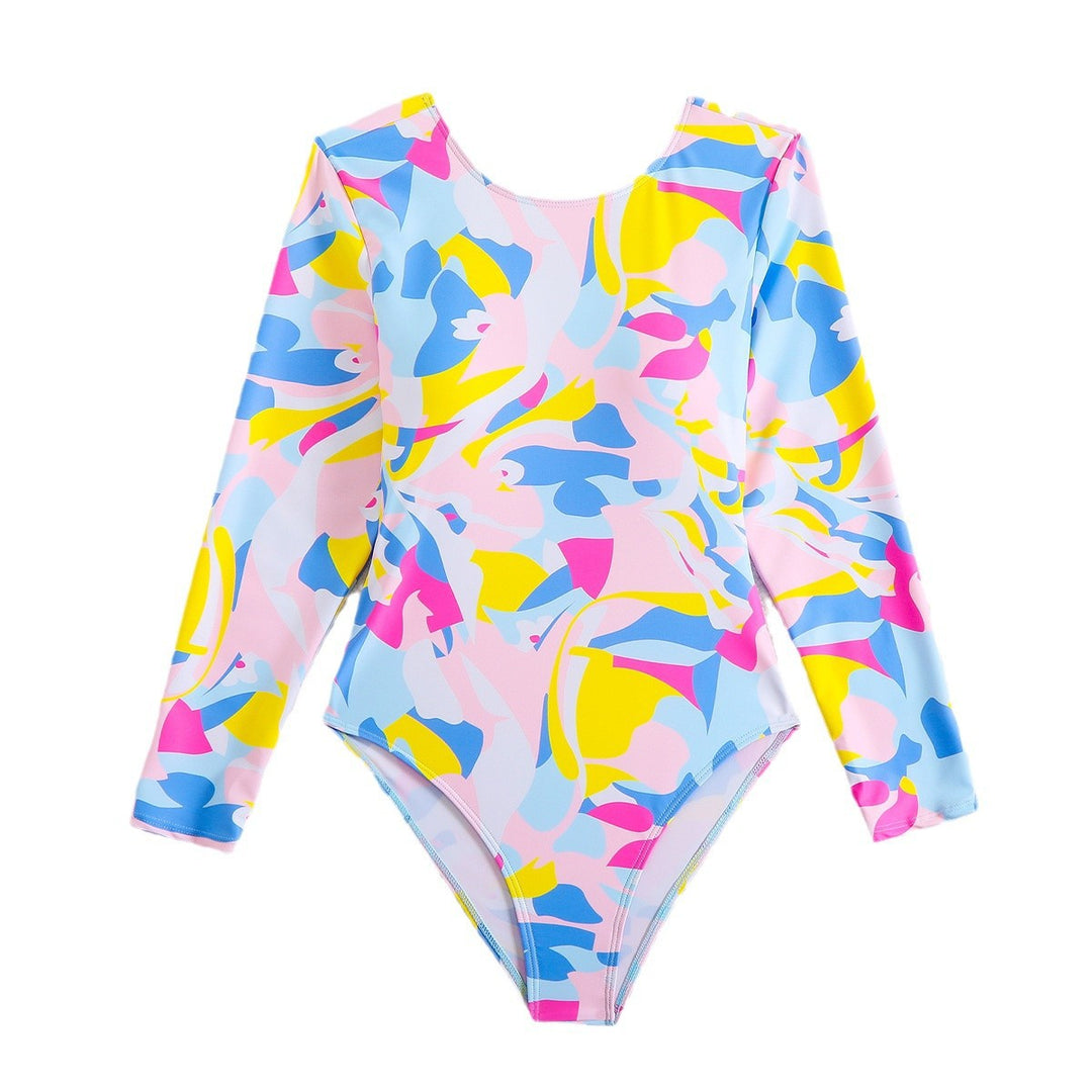 Damen Sportlicher Langarm-Badeanzug mit buntem Muster Drune