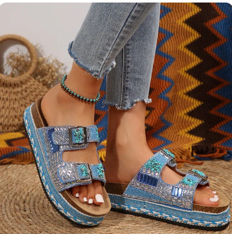 Damen bequeme Sandalen mit dekorativen Steinen und breiten Riemen Drune