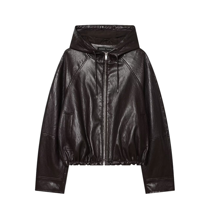 Damen Kapuzen-Leder-Bomberjacke mit Reißverschluss, Kordelzug und elastischem Saum Drune