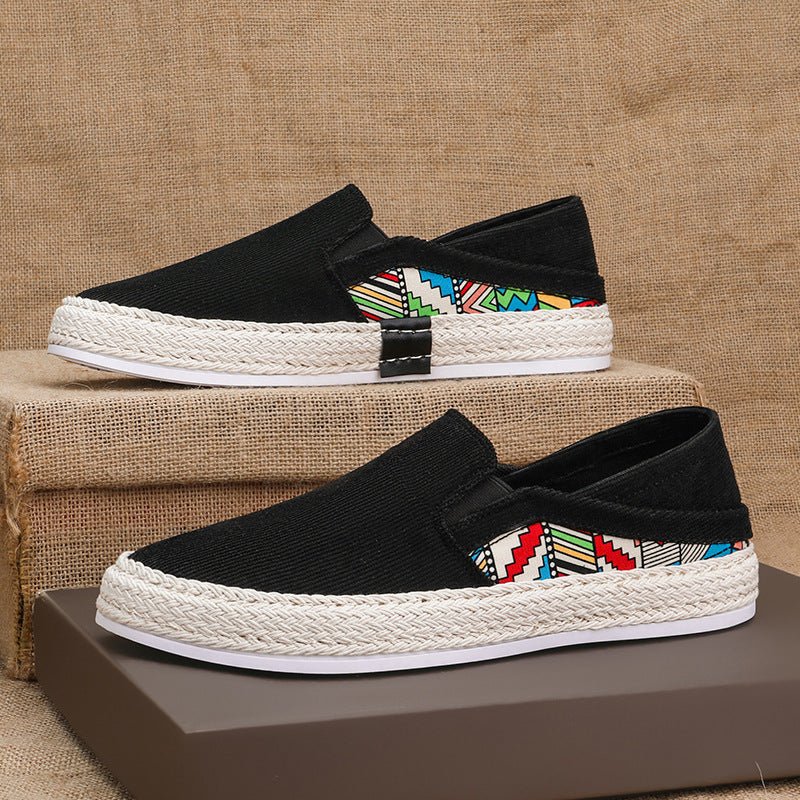 Damen Espadrille-Slipper aus Canvas mit geflochtener Jute-Sohle und farbigem Ethno-Detail Drune