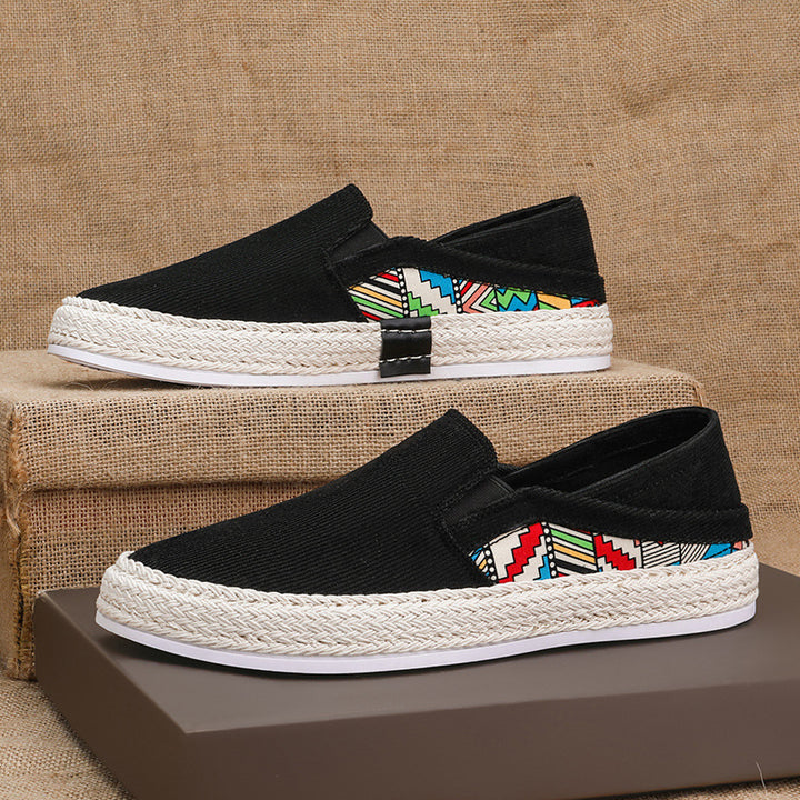 Damen Espadrille-Slipper aus Canvas mit geflochtener Jute-Sohle und farbigem Ethno-Detail Drune