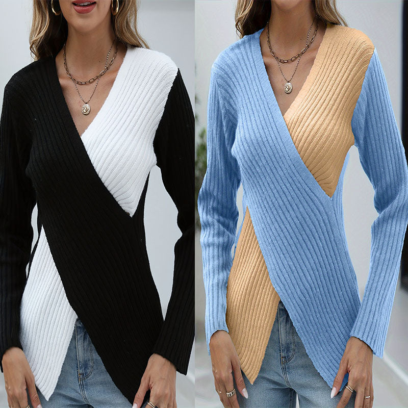 Damen asymmetrisches Strickoberteil mit eleganter V-Front Drune