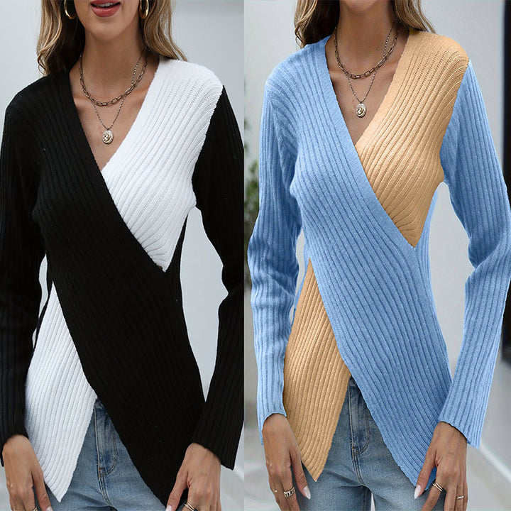 Damen asymmetrisches Strickoberteil mit eleganter V-Front Drune
