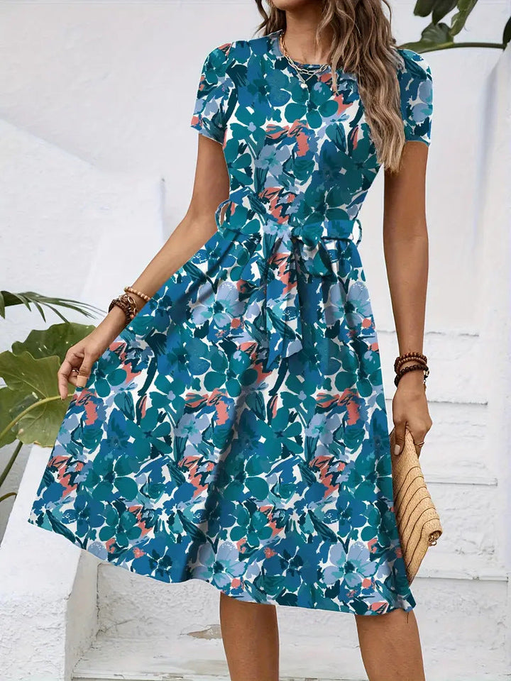 Damen Elegantes Midikleid mit floralem Design und Taillengürtel Drune