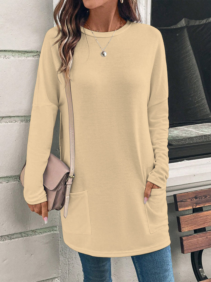 Weit geschnittene lange Tunika für Damen mit rundem Ausschnitt, seitlichen Taschen und weichem Jersey Drune
