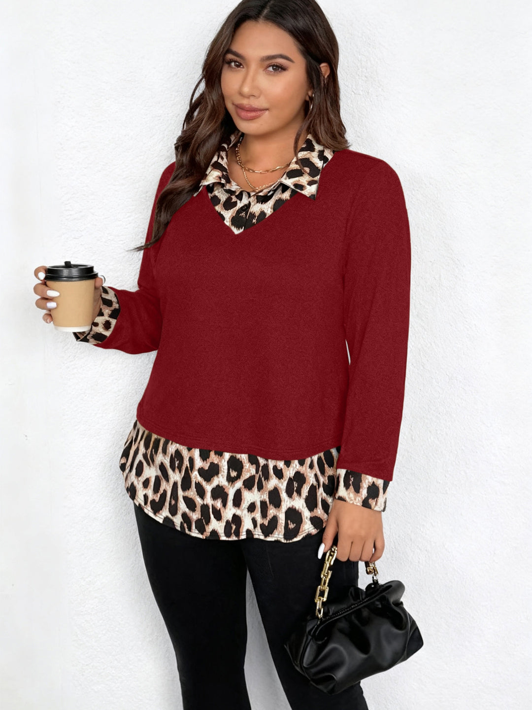 Damen Lagenlook-Pullover mit V-Ausschnitt und Leoprint-Blusen-Einsatz Drune