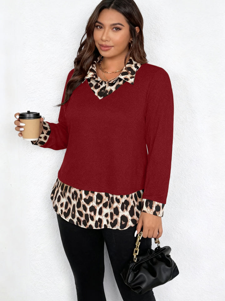 Damen Lagenlook-Pullover mit V-Ausschnitt und Leoprint-Blusen-Einsatz Drune