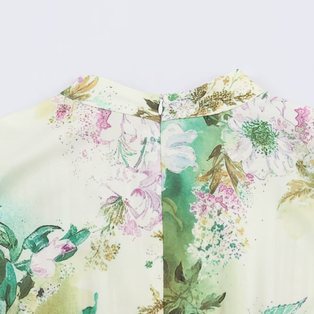 Damen Midikleid mit plissiertem Oberteil, Glockenärmeln und floraler A‑Linie Drune