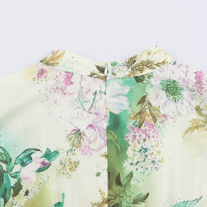 Damen Midikleid mit plissiertem Oberteil, Glockenärmeln und floraler A‑Linie Drune