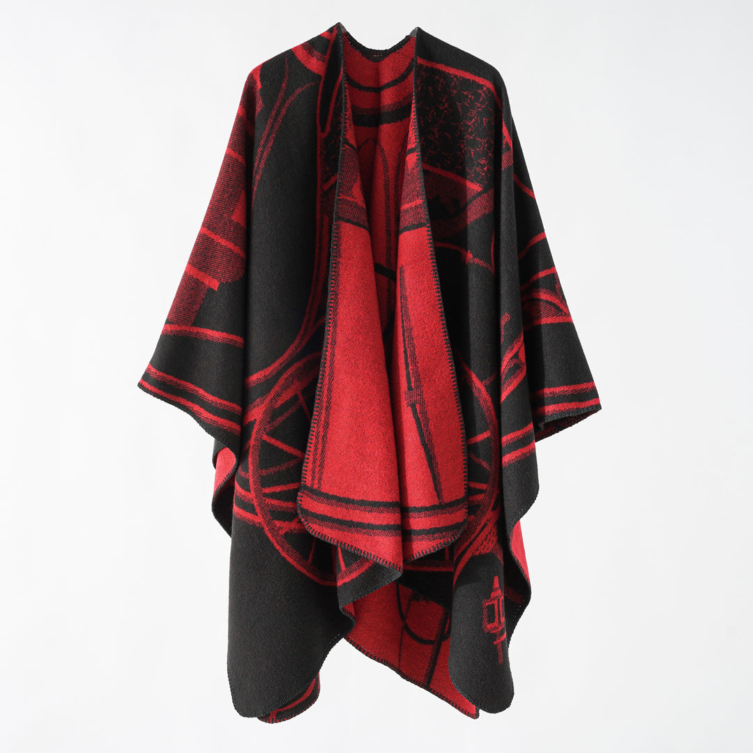 Damen Wollmix-Reversible Cape mit grafischem Jacquard und offenem Kimonofall Drune
