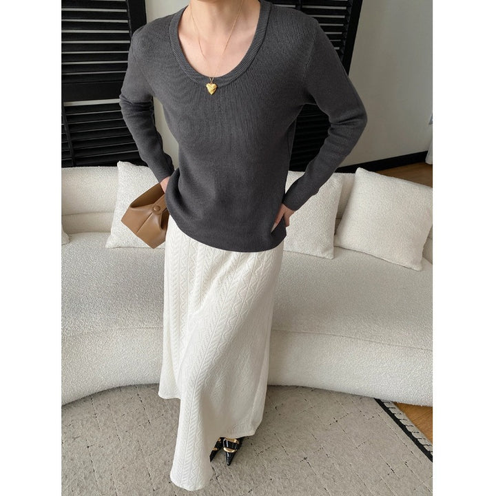 Damen eleganter Feinstrickpullover mit tiefem V-Ausschnitt und langen Ärmeln Drune