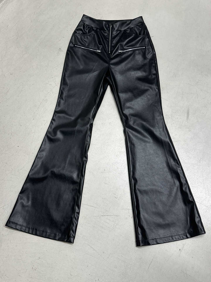 Damen Hochgeschnittene Kunstleder-Flared-Hose mit Frontreißverschluss und Zier-Reißverschlusstaschen Drune