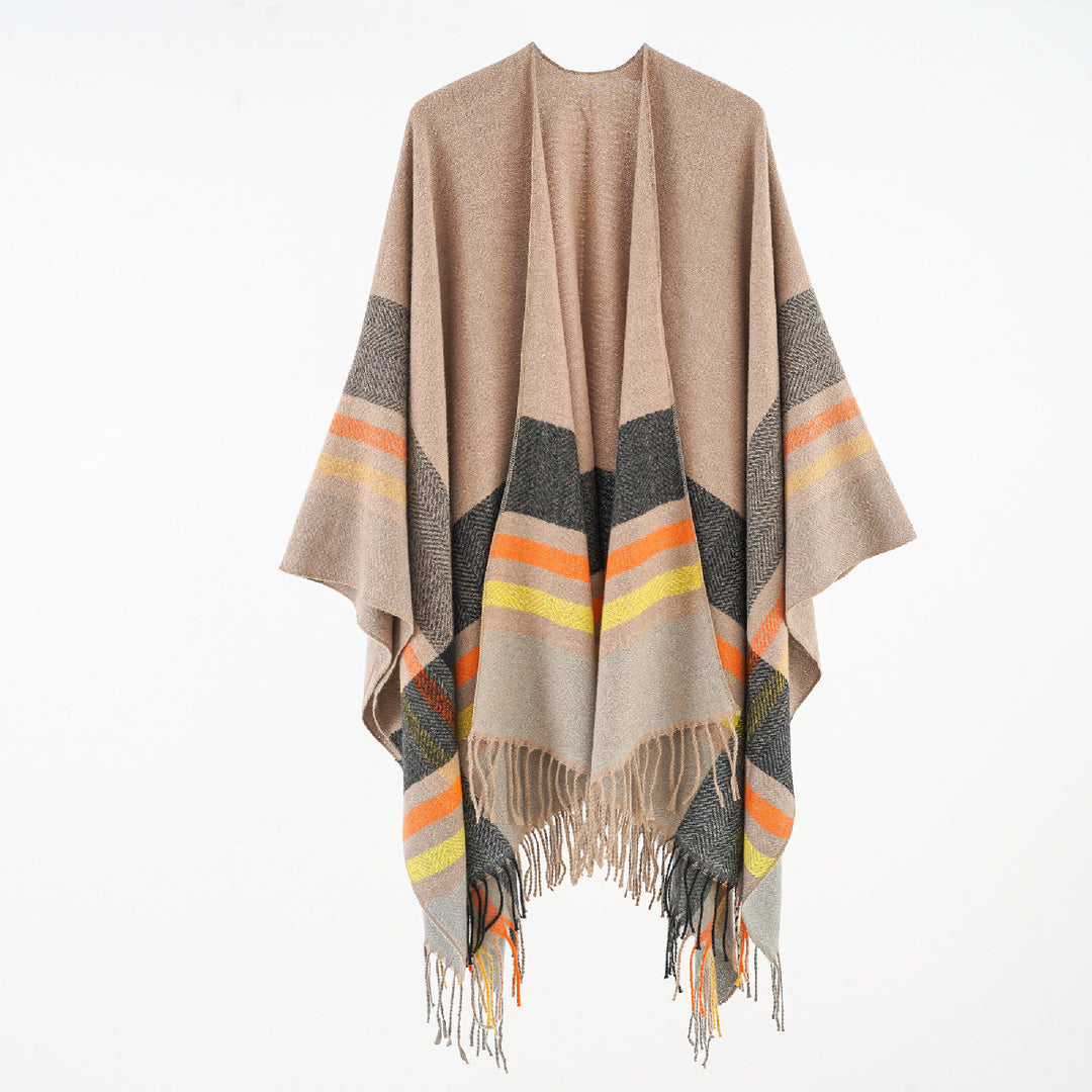Damen Oversize-Überwurfponcho aus Wollmix mit grafischem Streifenmuster und Fransensaum Drune