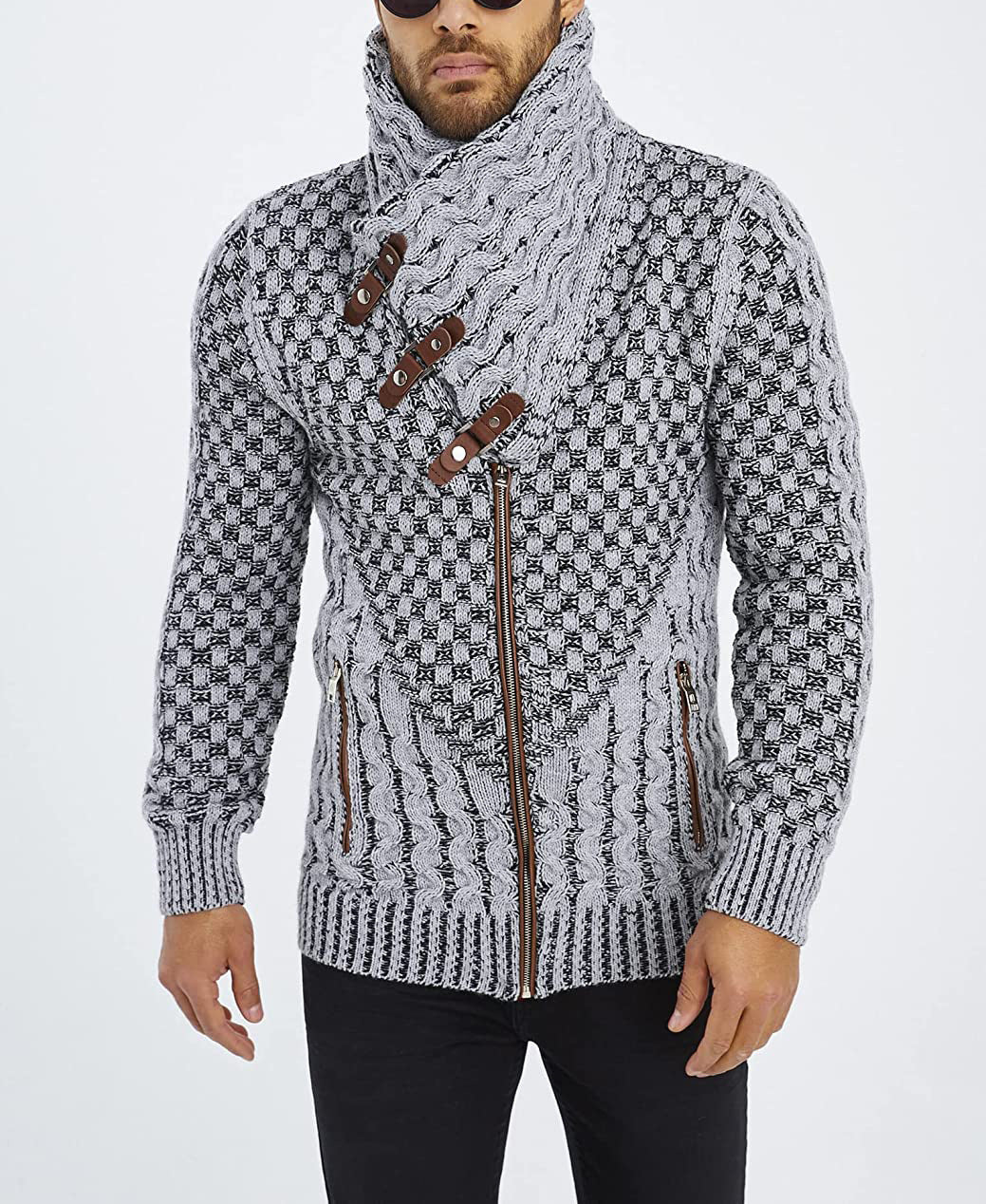 Herren modische Strickjacke mit asymmetrischem Reißverschluss und einzigartigem Zopfmuster Drune