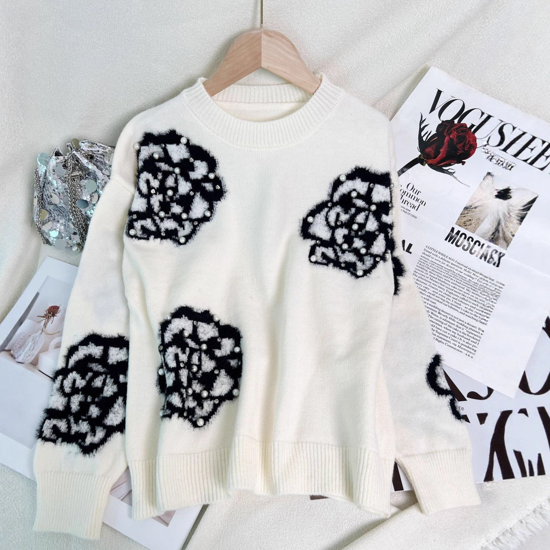 Damen modischer Pullover mit kunstvollen Blumenapplikationen und Perlenverzierungen Drune