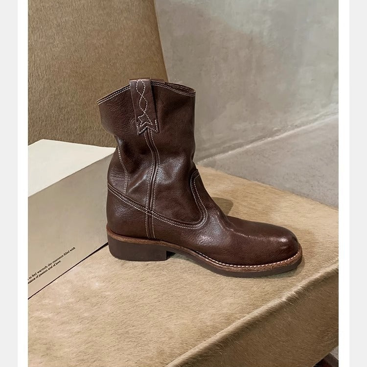 Damen Mid‑Calf Slouch Western‑Stiefel aus Glattleder mit Zuglaschen und profilierter Laufsohle Drune