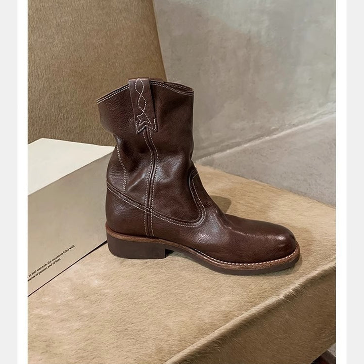 Damen Mid‑Calf Slouch Western‑Stiefel aus Glattleder mit Zuglaschen und profilierter Laufsohle Drune