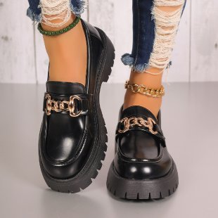 Damen klobige Loafer im Leder-Look mit profiliertem Plateau und Gliederketten-Applikation Drune