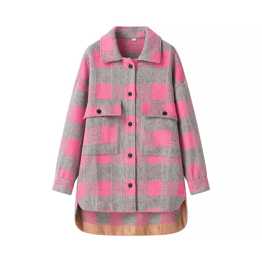 Damen Oversize Karierte Hemdjacke mit aufgesetzten Pattentaschen und verlängertem Saum Drune