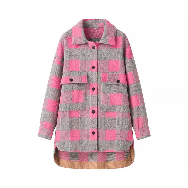 Damen Oversize Karierte Hemdjacke mit aufgesetzten Pattentaschen und verlängertem Saum Drune