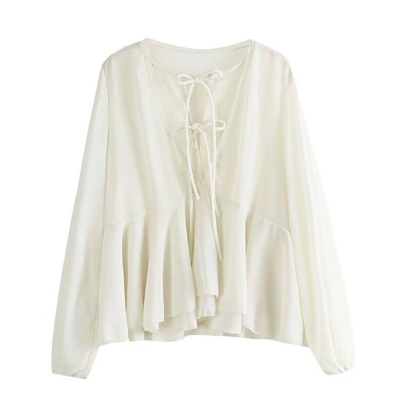 Damen Weiche Chiffonbluse mit Schnürung, V‑Ausschnitt und Volantsaum Drune