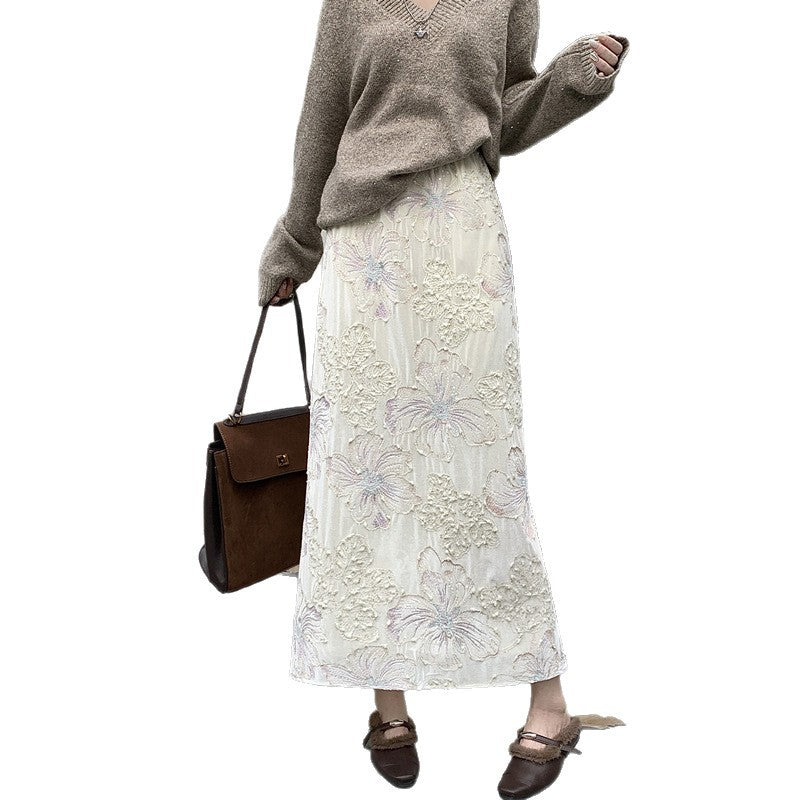Damen nan Maxirock aus samtartiger Jacquardware mit floralem Relief, hoher Taille und seitlichem Beinschlitz Drune