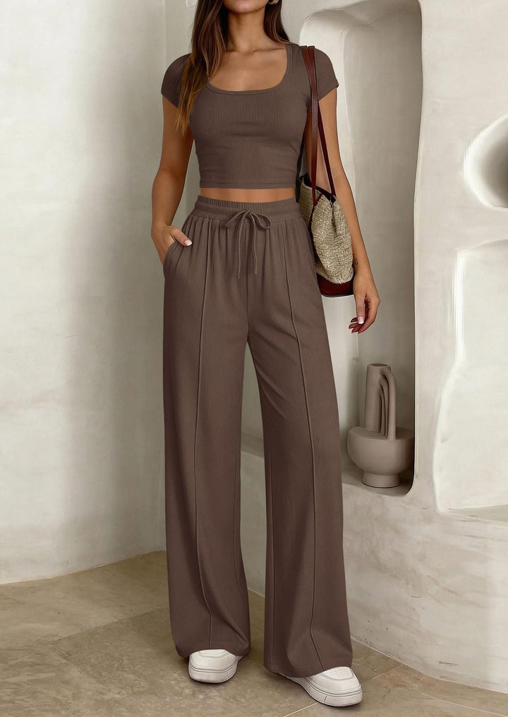 Damen lässiges Cropped-Top und weite Hose Set Drune